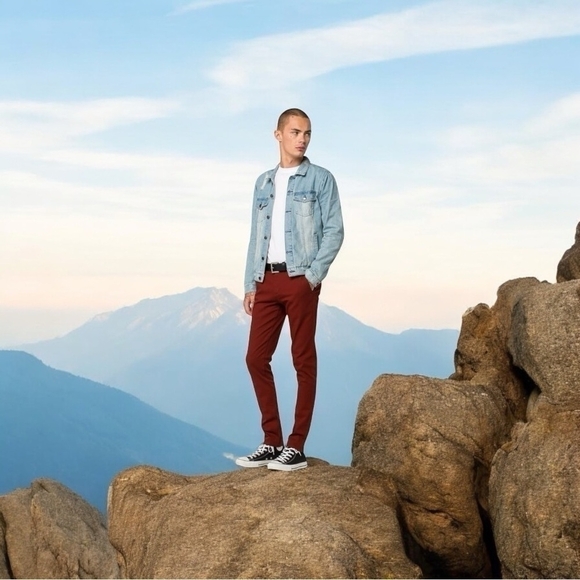 Mens Chinos RSQ Seattle Skinny Tapered Chino Pants Burgundy Red Flat Front Pants - Picture 1 of 9